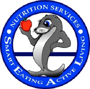 seal holding an apple, text reads nutrition services, smart eating active living